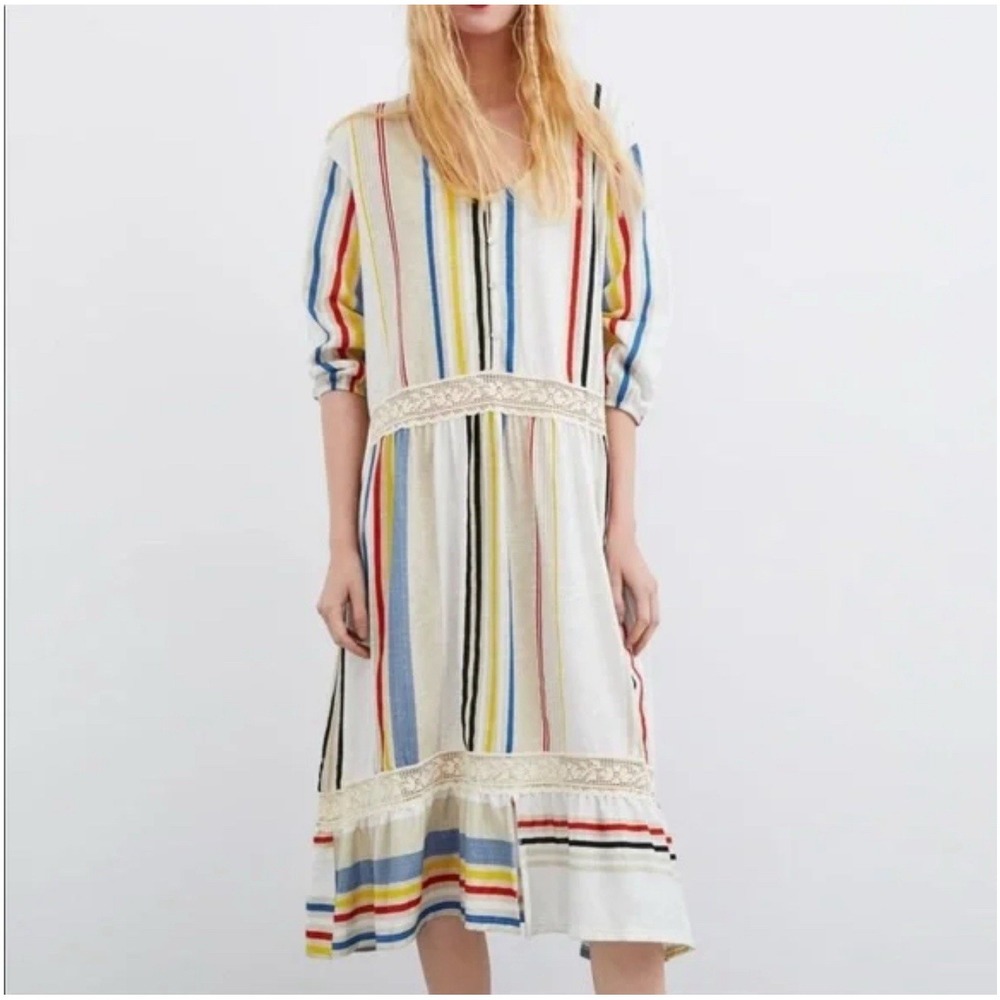 ZARA Midi Dress Women's Small Multicolor Striped Boho Peasant‎